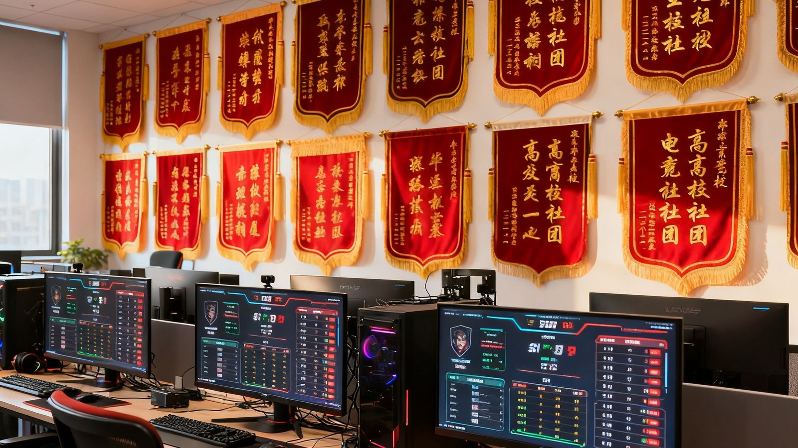 电竞比分网成都办公室内景照片，开放式工位上多台显示器展示着实时比分数据面板和选手统计图表，墙上挂满来自各高校电竞社团赠送的红色感谢锦旗