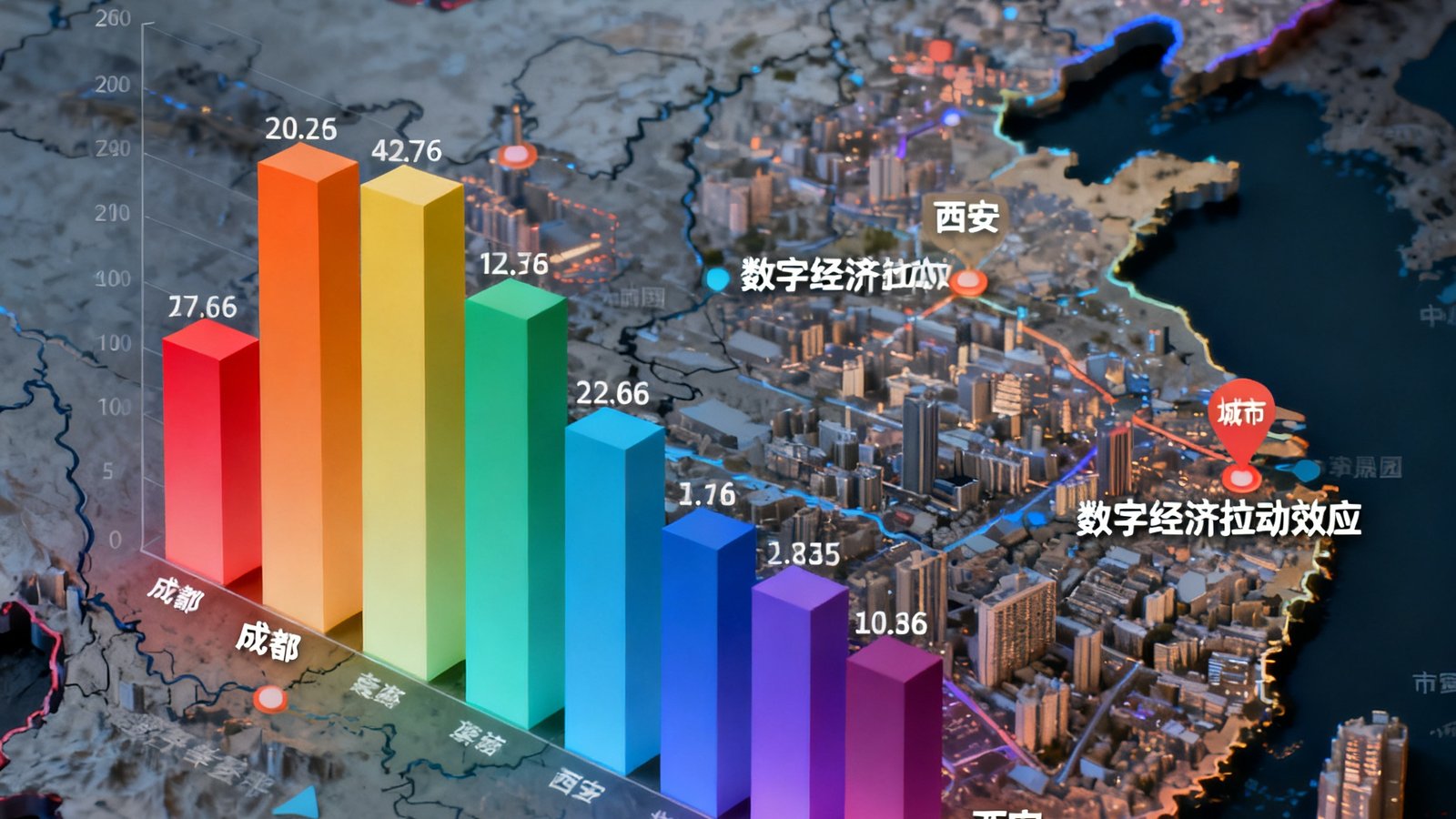 数据可视化图表展示了2020至2025年间电竞产业对成都、西安等城市数字经济的拉动效应，彩色柱状图与城市地图叠加呈现