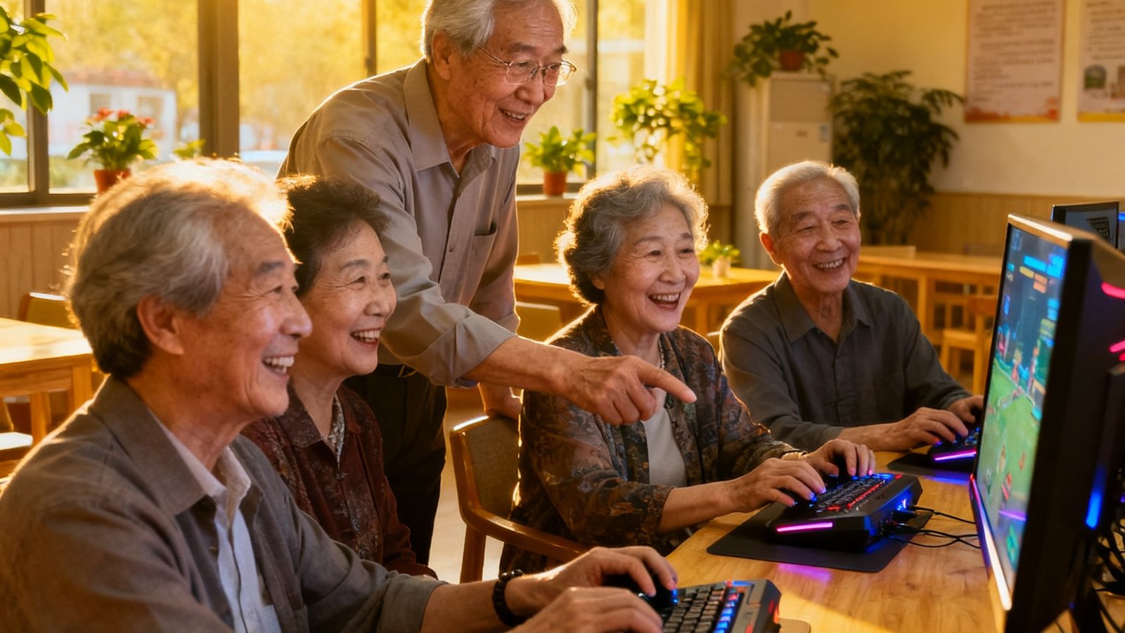 一位退休教师在社区活动室内指导几位老年人体验简化版电竞游戏，老人们的脸上洋溢着好奇与快乐的笑容，阳光透过窗户洒满房间