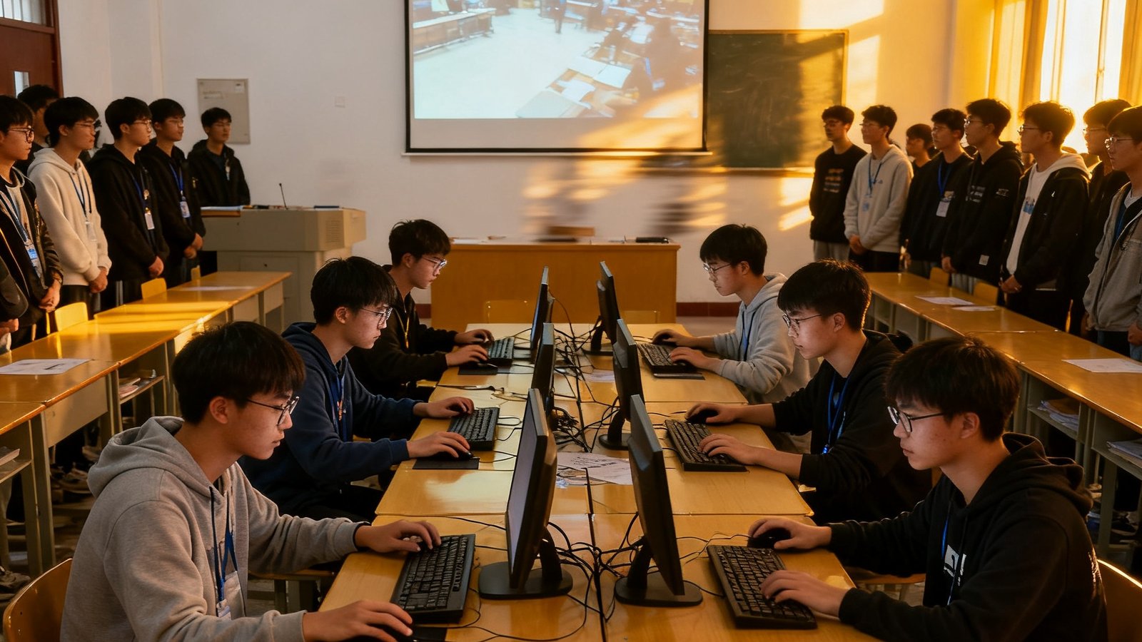高校电竞社团在普通教室里举办校内联赛的场景，投影仪将比赛画面投射在白墙上，课桌拼成的选手席上六名大学生全神贯注操作，周围站满了观战的同学