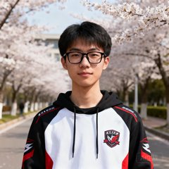 武汉大学电竞社社长李铭的正面半身照，戴着黑框眼镜穿着校队卫衣，背景为校园樱花大道