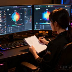 电竞数据分析师周婷坐在双显示器前，屏幕展示着选手数据雷达图和BP胜率热力图，她手持笔记本记录分析要点